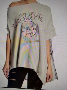 Y2K Free People White Grey Graphic Distressed Off-Shoulder Oversized Sweatshirt